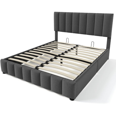 Lit adulte rembourré, tête de lit réglable, avec sommier à lattes, espace de rangement, 140x200cm, en tissu, gris (sans matelas)