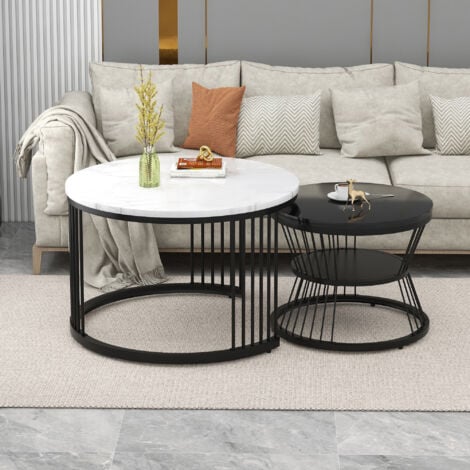 Ensemble de 2 tables basses gigognes modernes, plateau en marbre brillant blance, table d'appoint, MDF, cadre noir