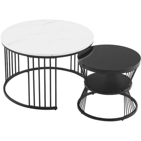 Ensemble de 2 tables basses gigognes modernes, plateau en marbre brillant blance, table d'appoint, MDF, cadre noir