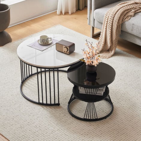 Ensemble de 2 tables basses gigognes modernes, plateau en marbre brillant blance, table d'appoint, MDF, cadre noir