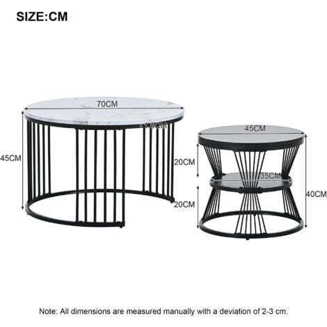 Ensemble de 2 tables basses gigognes modernes, plateau en marbre brillant blance, table d'appoint, MDF, cadre noir