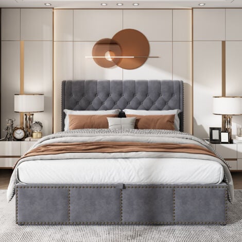 Lit capitonné, avec levier hydraulique, lit coffre fonctionnel, décoration rivets, 140 x 200 cm, sans matelas, velours, gris
