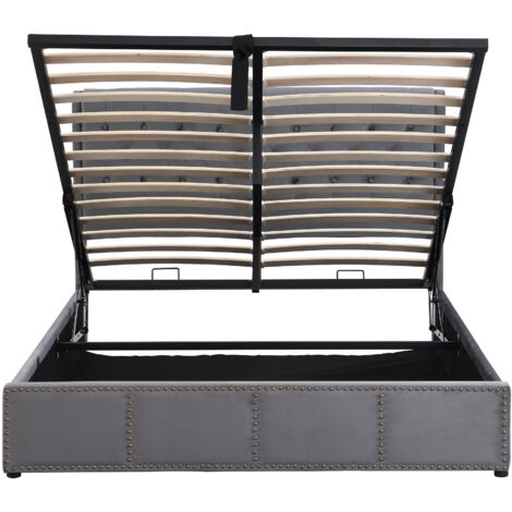 Lit capitonné, avec levier hydraulique, lit coffre fonctionnel, décoration rivets, 140 x 200 cm, sans matelas, velours, gris