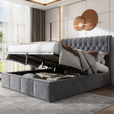 Lit capitonné, avec levier hydraulique, lit coffre fonctionnel, décoration rivets, 140 x 200 cm, sans matelas, velours, gris