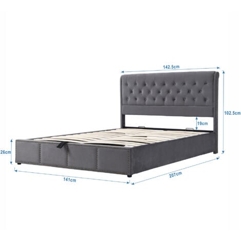 Lit capitonné, avec levier hydraulique, lit coffre fonctionnel, décoration rivets, 140 x 200 cm, sans matelas, velours, gris