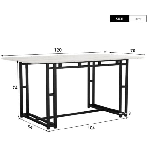 Table à manger rectangulaire 120 x 70 cm (1 pièce), Conception d'épissure de plateau de table, pieds en métal, blanc+noir