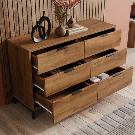 Redom – Commode buffet 6 tiroirs 120x40x76 cm en chêne foncé – Rangement spacieux pour vêtements et linge – Convient à chambres et salons