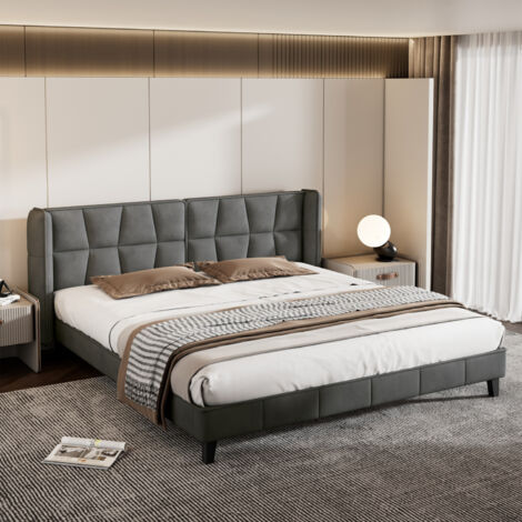 Redom – Lit adulte 180x200 cm capitonné – Sommier à lattes en bois – Tête de lit rembourrée – Velours gris élégant (1/5)