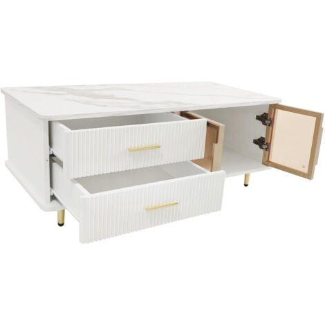 Table basse, table d'appoint avec portes et tiroirs en verre trempé, poignées et pieds dorés, finition marbre, blanc