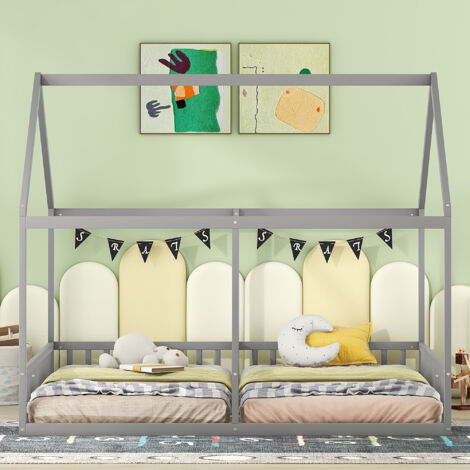 Redom – Lit simple 90 x 200 cm en bois de pin et MDF – Lit cabane 2 en 1 gris – Sommier à lattes 8 pièces – Capacité 200 kg - LIT 2 EN (1/5)
