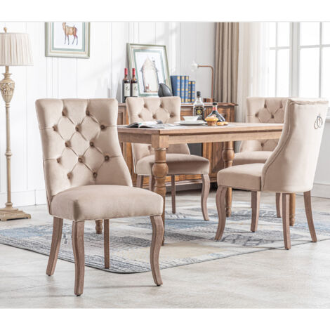 Chaise 4 pieds, chaise de salle à manger en velours beige, dossier haut, avec matelassage à boutons, structure en bois massif, beige, (ensemble, 4 pièces) (1/5)