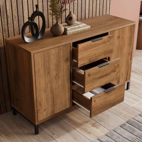 Redom – Commode en chêne foncé 2 portes 3 tiroirs H76/L120/P40 cm – Étagères réglables – Poignées en métal – Pour rangement vêtements et accessoires