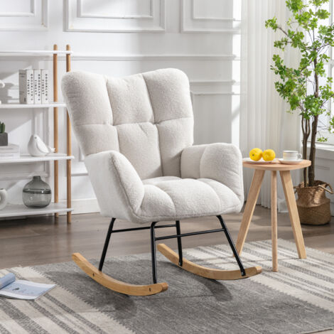 Redom – Chaise à bascule rembourrée en tissu Teddy blanc – Style moderne du milieu du siècle – Confort optimal pour salon et chambre (1/5)