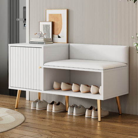 Redom – Coffre à chaussures moderne blanc – Banc rembourré – Panneau de particules + pieds métal – Dimensions L100/P38/H58 cm (1/5)