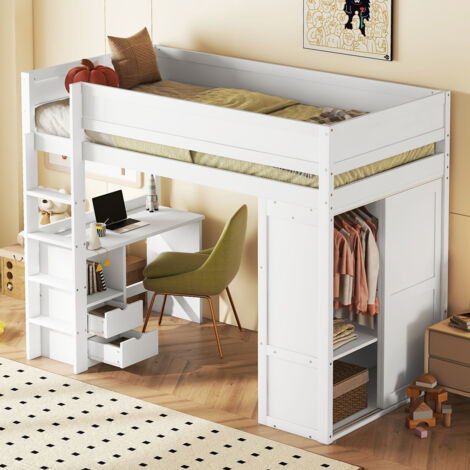 Lit mezzanine, équipé d'une armoire, d'un bureau et de tiroirs, 90 x 200 cm, en bois, blanc