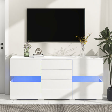 Redom – Buffet blanc haute brillance 140x35x72 cm – 2 portes en verre – 4 tiroirs – 16 couleurs LED – Finition résistante à l'eau (1/5)