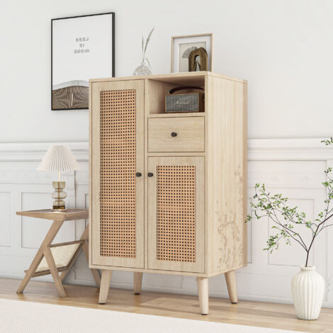 Redom – Buffet d'angle en bois chêne clair – 2 portes en rotin – 1 tiroir – Dimensions 60x40x101cm – Panneaux de particules E1
