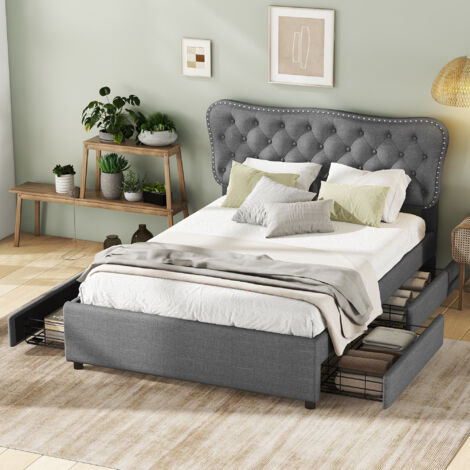 Lit Double Rembourré, 140 X 200 Cm, Avec Espace De Rangement, Fonctionnel, Avec Sommier à Lattes