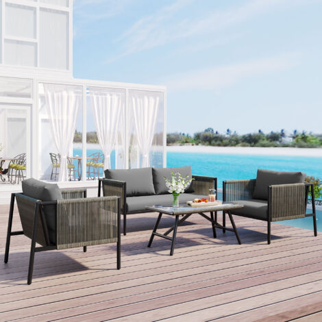 Ensemble Salon De Jardin 4 Pièces Canapé 2 Places 2 Fauteuils Table Basse Coussins