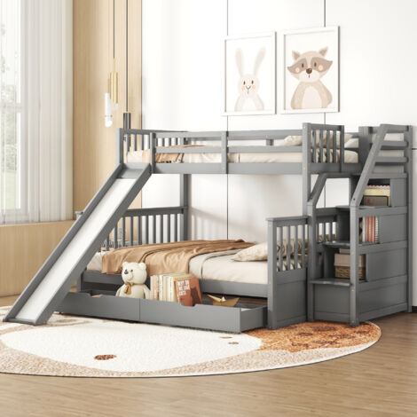 Lit superposé avec tiroirs, rangements et toboggan, multifonctionnel, gris, largeur 90 x 200 (1/5)