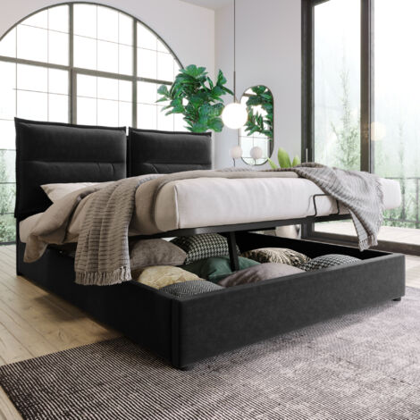 Redom – Lit coffre double 140x200 cm – Sommier à lattes – Espace de rangement – Velours noir – Tête de lit réglable 6 cm – Poids max 220 kg (1/5)