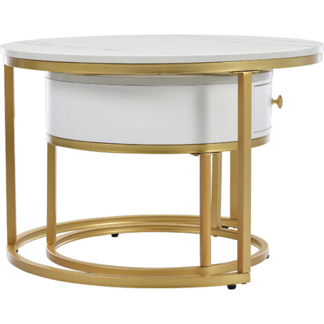Table basse gigogne moderne, motif marbre brillant, ensemble de 2 table d'appoint ronde, cadre en métal, blanc, MDF