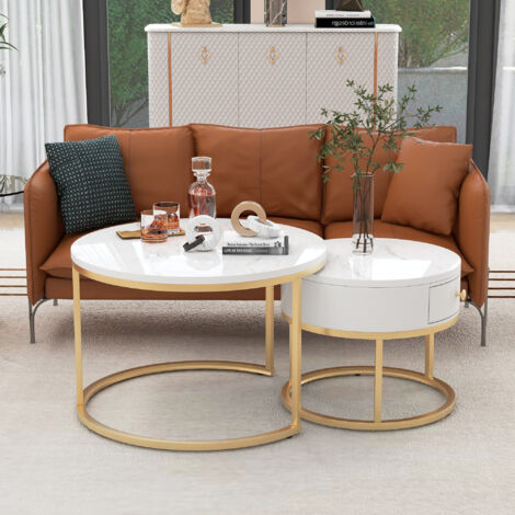 Table basse gigogne moderne, motif marbre brillant, ensemble de 2 table d'appoint ronde, cadre en métal, blanc, MDF