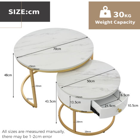 Table basse gigogne moderne, motif marbre brillant, ensemble de 2 table d'appoint ronde, cadre en métal, blanc, MDF