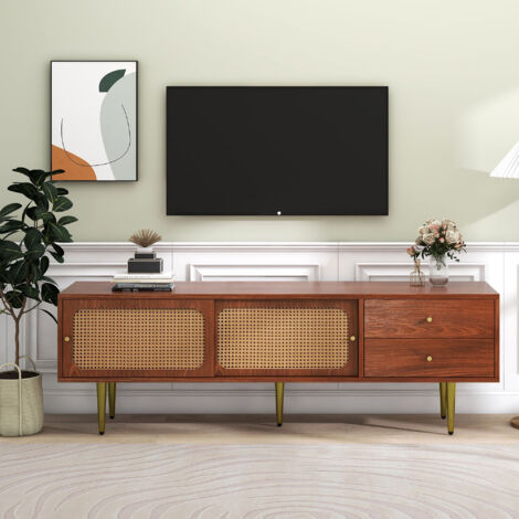 Redom – Meuble TV moderne 160x40x60 cm – MDF noyer et rotin – 2 tiroirs et 2 portes coulissantes – Rangement ajustable avec passages de câbles (1/5)