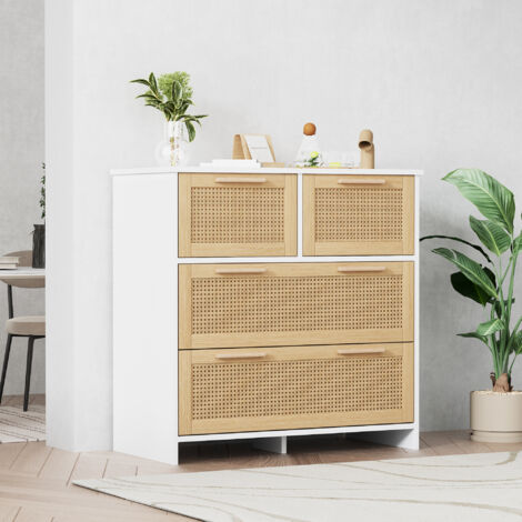 REDOM Commode, commode 4 tiroirs en rotin avec poignées en bois massif, naturel+blanc, 80×80×38 cm