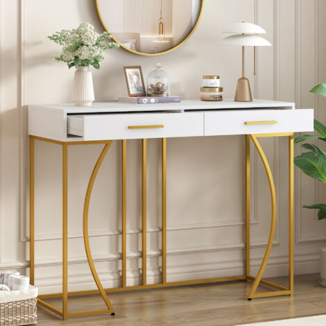 REDOM Console avec 2 tiroirs, table d'appoint de style moderne, table de canapé, 110x32x85 cm, blanc+or (1/5)