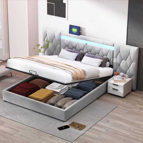REDOM Lit coffre capitonné élégant 180x200 avec grand dossier, lit en velours avec prise LED et USB, rangement hydraulique, gris