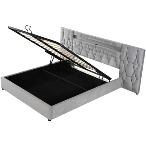 REDOM Lit coffre capitonné élégant 180x200 avec grand dossier, lit en velours avec prise LED et USB, rangement hydraulique, gris