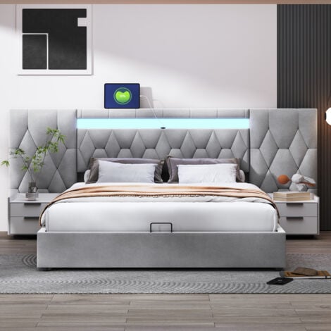 REDOM Lit coffre capitonné élégant 180x200 avec grand dossier, lit en velours avec prise LED et USB, rangement hydraulique, gris