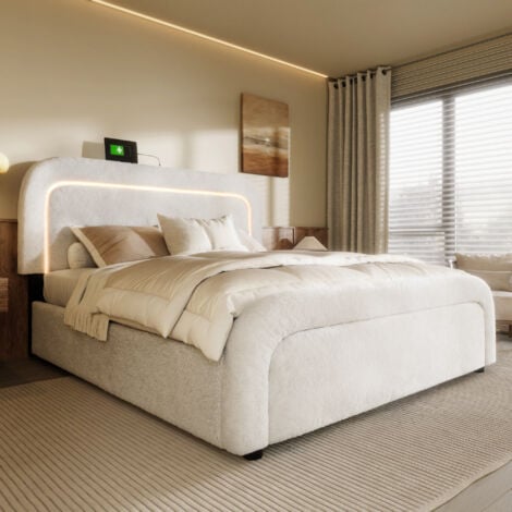 Lit adulte, avec USB Type-C, LED et 4 tiroirs, lit rembourré 140x200cm, blanc (sans matelas)