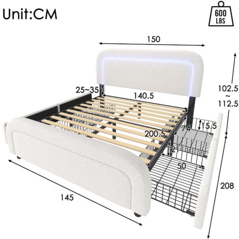 Lit adulte, avec USB Type-C, LED et 4 tiroirs, lit rembourré 140x200cm, blanc (sans matelas)