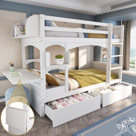 Lit Superposé 90x200 Cm Lit Enfant 2 Palces Avec Escaliers, Casiers Et Balustrade Stable, Blanc