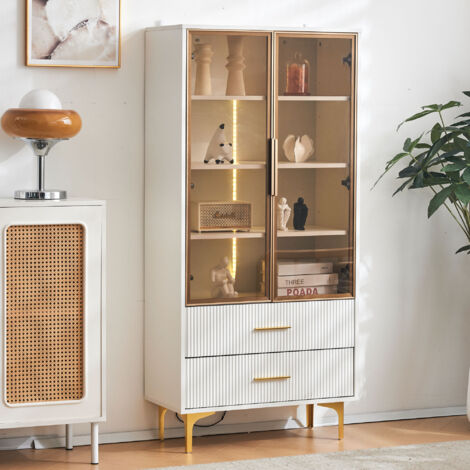 Redom – Vitrine en verre blanc avec éclairage LED 16 couleurs – 2 portes vitrées – 3 étagères mobiles – 70x35x150cm – Pieds dorés