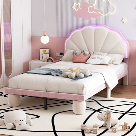 Redom – Lit enfant rembourré LED 90x200 cm – Lit simple avec tête de lit – Sommier à lattes en bois – Velours beige et rose (1/5)