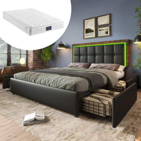 Cadre de lit avec bandeau lumineux LED et 4 tiroirs, lit double, lit capitonné 140x200cm, tête de lit réglable en hauteur, lit fonctionnel, PU noir (avec matelas) (1/5)
