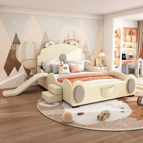 Lit de dessin animé 140200 cm, lit pour enfant, lit ours, équipé d'un toboggan et d'une échelle, matériau PU, facile à nettoyer, forme mignonne, beige (1/5)