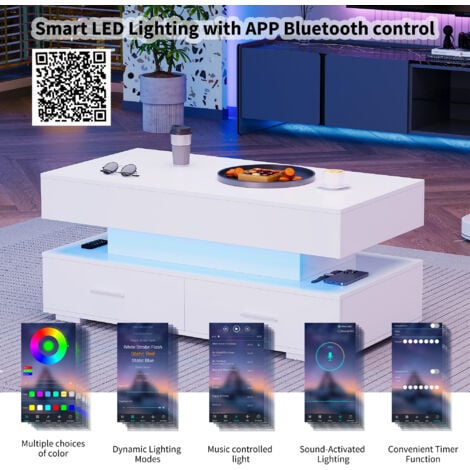 Table Basse Relevable Rectangulaire En Panneaux De Particules Avec Lumière Led,rangement Caché Et Prises Européennes Intégrées,blanc Table Basse Blanc