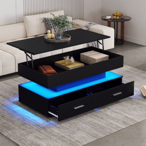 Table basse hydraulique à hauteur réglable 1005044 cm, avec éclairage LED, commande Bluetooth APP, 2 tiroirs et espace de rangement ouvert, table basse relevable noire
