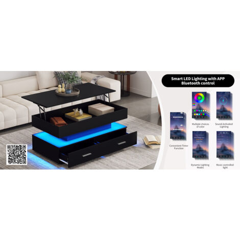 Table basse hydraulique à hauteur réglable 1005044 cm, avec éclairage LED, commande Bluetooth APP, 2 tiroirs et espace de rangement ouvert, table basse relevable noire