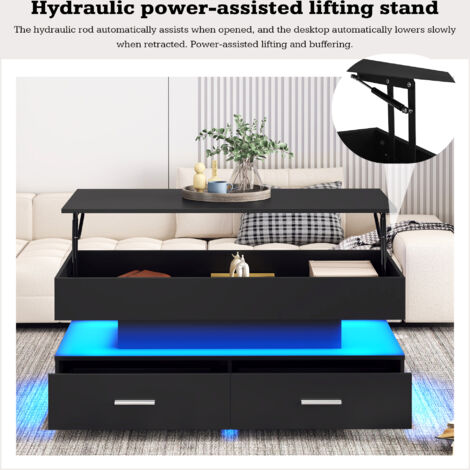 Table basse hydraulique à hauteur réglable 1005044 cm, avec éclairage LED, commande Bluetooth APP, 2 tiroirs et espace de rangement ouvert, table basse relevable noire
