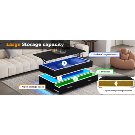 Table basse hydraulique à hauteur réglable 1005044 cm, avec éclairage LED, commande Bluetooth APP, 2 tiroirs et espace de rangement ouvert, table basse relevable noire