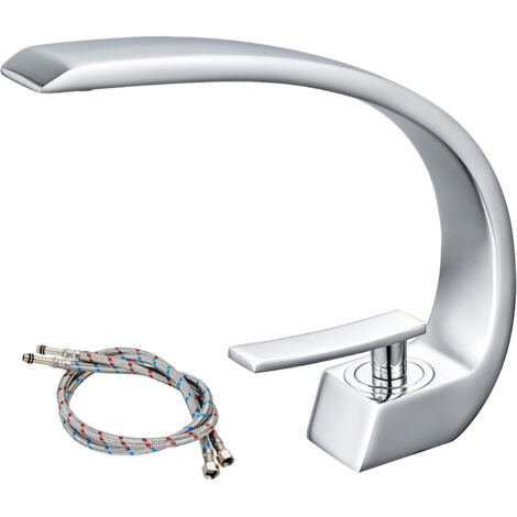 Robinet de lavabo, robinet mitigeur de lavabo à trou unique, robinet de salle de bain moderne en laiton chromé, eau chaude et froide disponibles (1/5)