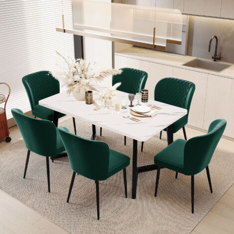 Chaise de salle à manger (6 pièces), vert foncé, chaise design rembourrée avec dossier, assise en velours, structure en métal (1/5)