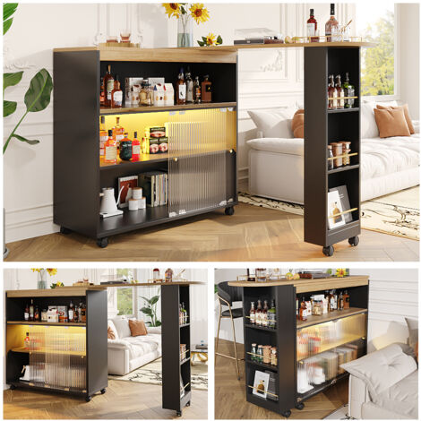 Redom – Table de bar extensible 138-204 cm – Hauteur 105 cm – Largeur 39 cm – MDF avec éclairage LED – 3 espaces de rangement pour boissons