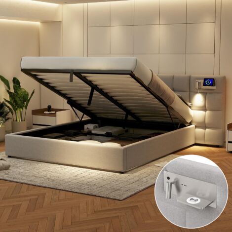 Lit capitonné 180 x 200 cm, lit hydraulique, avec port USB & recharge sans fil & lampe lumineuse, avec rangements, pour adultes & adolescents, support à lattes en bois, montage facile, lin, gris (1/5)
